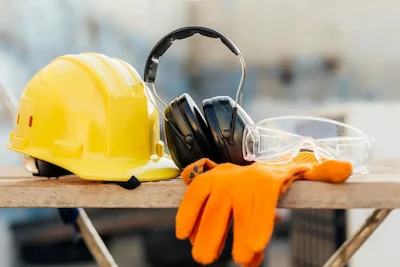 Hard hat, gloves, eye safety glasses - key safety audit elements for workplace protection.