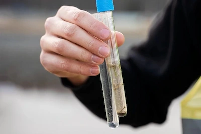 A person holding a water sample in their hand for water analysis.