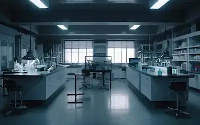 A laboratory with tables and chairs, equipped with various lab instruments.